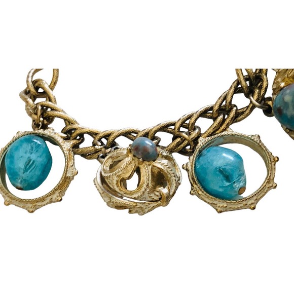 1950s Fun Vintage Blue Art Glass Crystal Pearl Chunky Charm BRACELET - Picture 5 of 9